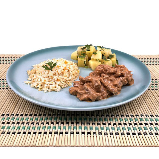 Strogonoff de Filé Mignon, Arroz e Batata Sauté 400g