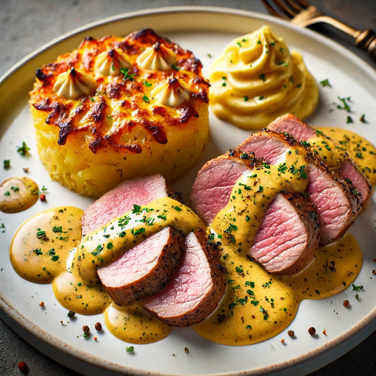 Mignon Suíno ao Molho de Mostarda, Arroz e Batata Gratinada